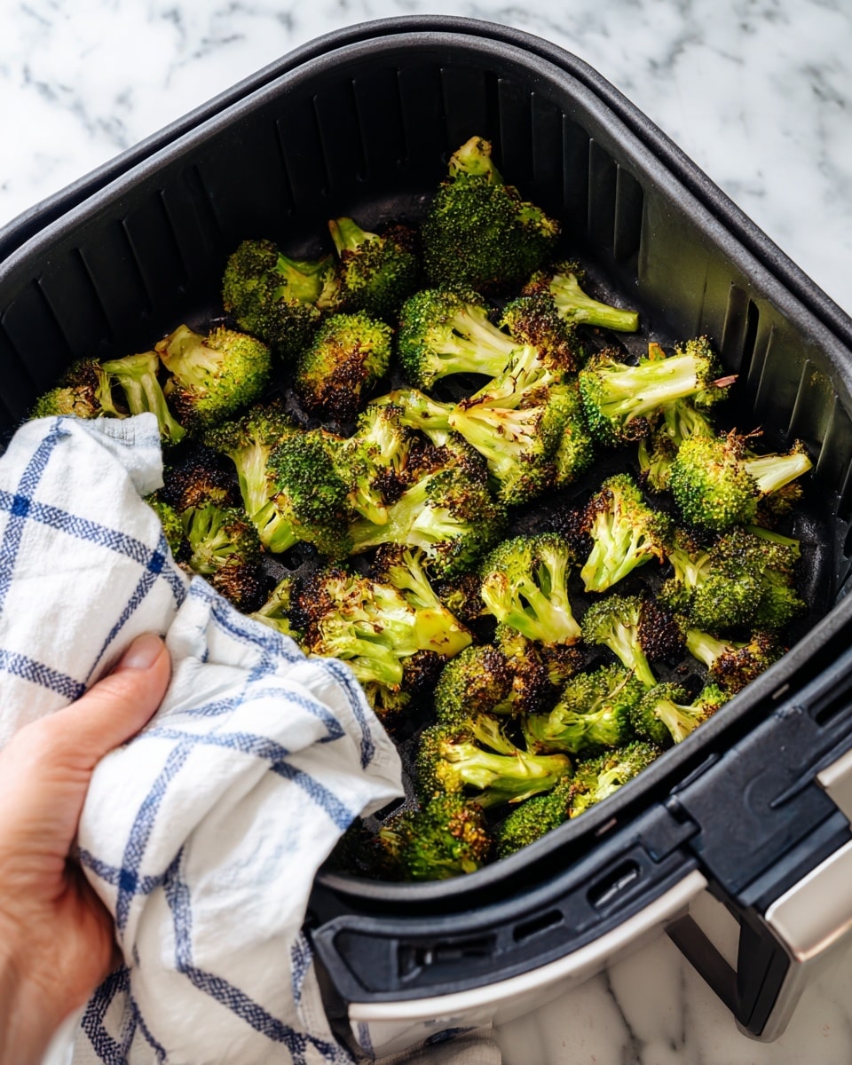 A black air fryer basket filled with a single layer of roasted broccoli florets, each floret showing a mix of vibrant green and dark brown charred spots. The broccoli pieces are arranged without overlapping, spreading evenly across the basket with their stalks pointing in different directions. A woman's hand holding a white cloth with a blue checkered pattern is pulling the basket out from the air fryer, which has a reflective shiny silver side. The background surface is a white marbled texture. Photo taken with an iphone --ar 4:5 --v 7