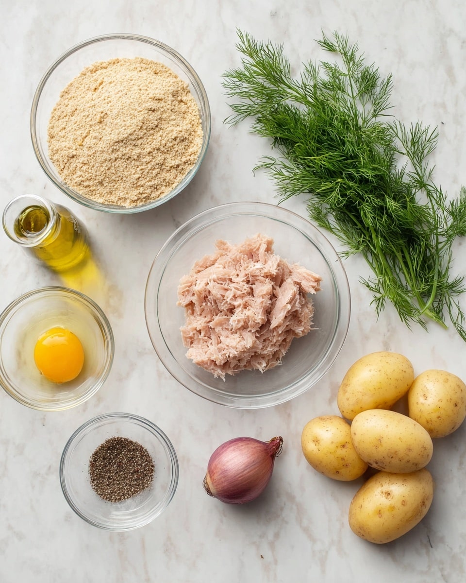 The image shows various cooking ingredients arranged on a white marbled surface. In the center, there is a clear glass bowl filled with light pink flaky tuna. To the left, a larger clear glass bowl holds beige breadcrumbs, and nearby is a small bottle of yellow oil. Fresh green dill sprigs lay next to the oil. On the right side, three yellow potatoes are spaced out close to a single brown egg and a small shallot with purple skin. A small clear glass bowl filled with dark crushed pepper rests above the potatoes. The setup is clean and bright, with all items clearly visible and evenly spaced. photo taken with an iphone --ar 4:5 --v 7