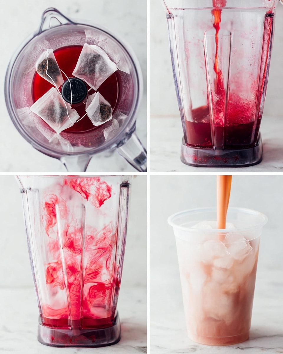 The image shows four stages of making a pink tea drink in a clear blender and cup set on a white marbled surface. In the first stage, two tea bags sit in deep red liquid inside the blender jar. The second stage shows the same blender jar filled only with the deep red liquid, highlighting the blades at the bottom. In the third stage, a milky white liquid is being poured into the blender, mixing with the red liquid, creating swirling pink and red patterns. The final stage shows a white plastic cup filled with light pink tea over ice cubes, with a pour of more pink liquid from the blender into the cup. Photo taken with an iphone --ar 4:5 --v 7