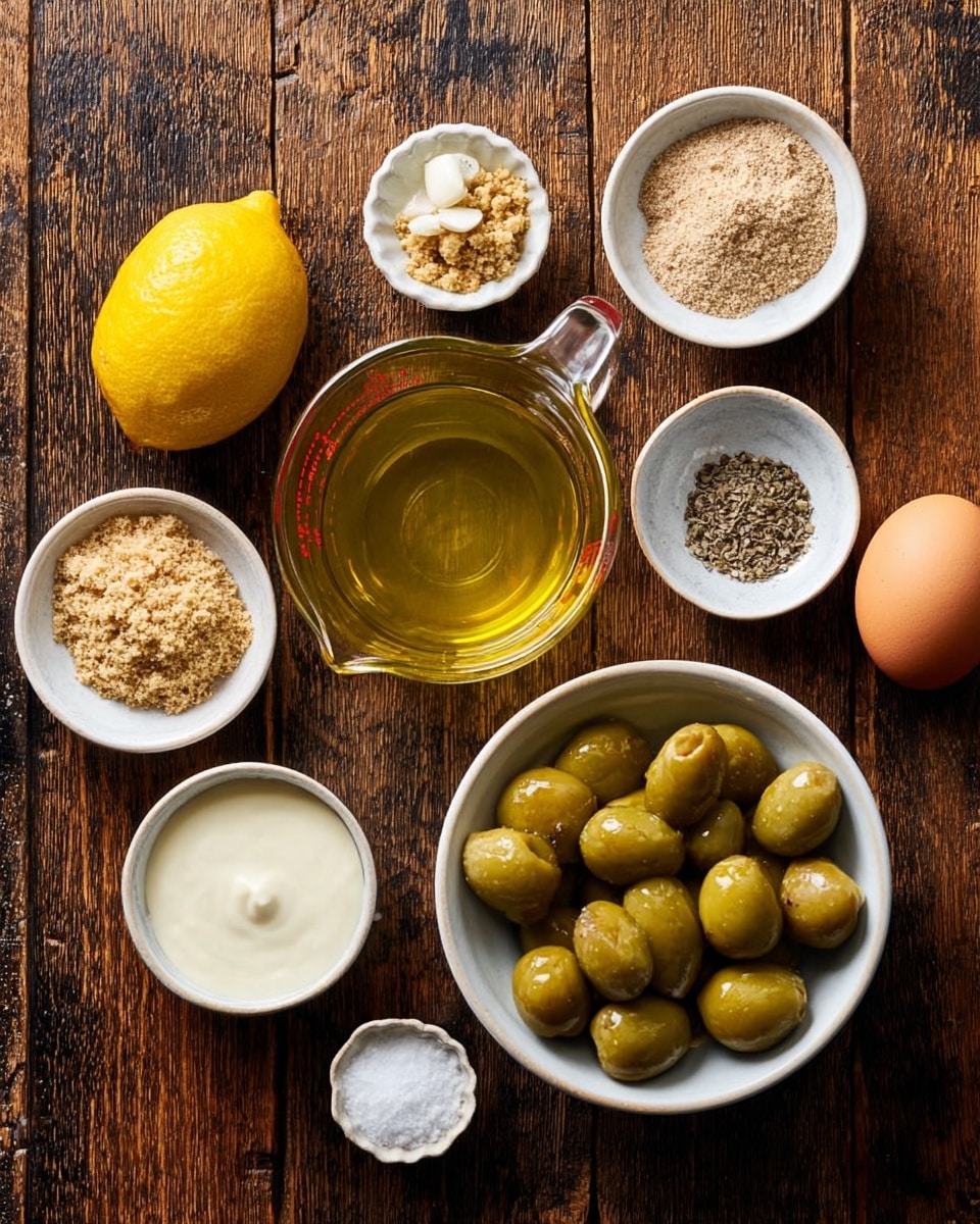 The image shows a wooden table with various cooking ingredients in white bowls and a glass measuring cup. At the left, a whole yellow lemon sits next to the glass measuring cup filled with golden oil. Below the oil, a small white bowl contains a smooth white creamy ingredient. To the right, a larger white bowl holds green olives stuffed with white almond pieces. Surrounding the olive bowl are small white dishes with different ingredients: one has a brown breadcrumb mixture, another has minced garlic, one holds a whole brown egg, another has a small pile of salt, and the last one contains black pepper. The surface appears to be a dark wooden table. photo taken with an iphone --ar 4:5 --v 7