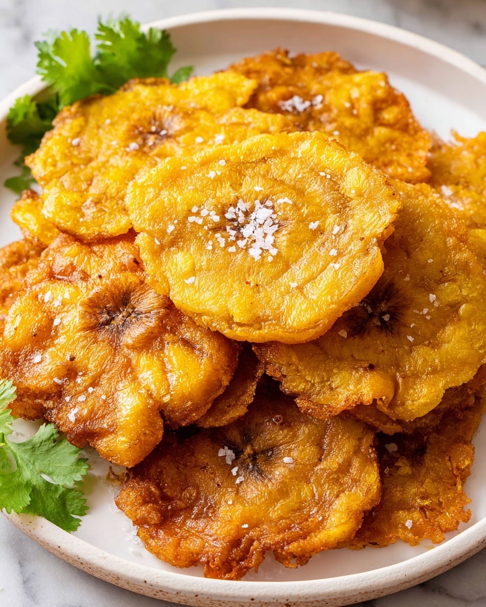 On the left side, four golden-yellow round tostones with a slightly crispy, rough texture lie on a white marbled surface, each showing a darker center and uneven edges; on the right side, a frying pan filled with hot oil bubbles around several frying tostones that are arranged in a rough circle and display a bright yellow color with some spots of light brown from frying, all set against a dark pan background; photo taken with an iphone --ar 4:5 --v 7