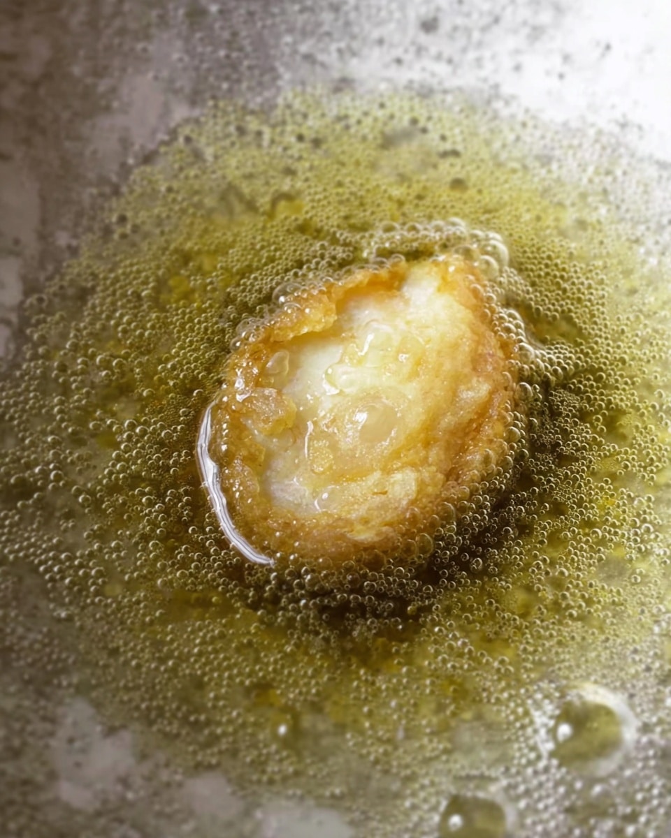 A close-up image of a small light golden piece of food frying in hot oil, surrounded by tiny bubbles as it cooks, with the oil showing shades of yellow-green and a slight shimmer from the heat; the food is centered in the middle of the frame, with a smooth texture on top and slightly uneven edges. The background is a white marbled texture. photo taken with an iphone --ar 4:5 --v 7