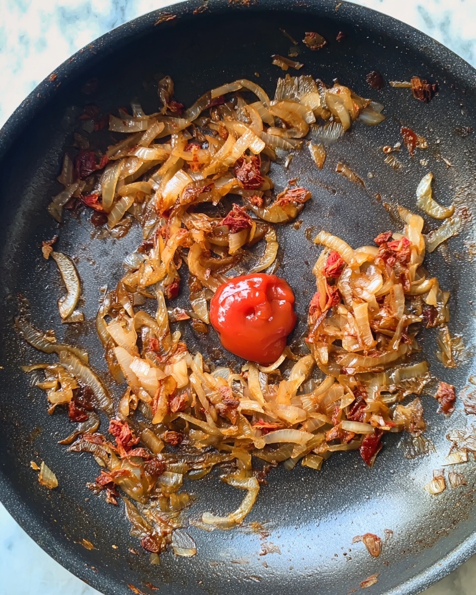 A thin square layer of dough with a slightly rough texture lays flat on a white marbled surface. In the center, there is a small pile of caramelized onions and shredded ingredients, which are dark orange-brown in color and have a glossy, sticky look. On top of this pile, there is a smooth, shiny, white boiled egg placed horizontally. The setup looks ready to be folded or wrapped. photo taken with an iphone --ar 4:5 --v 7