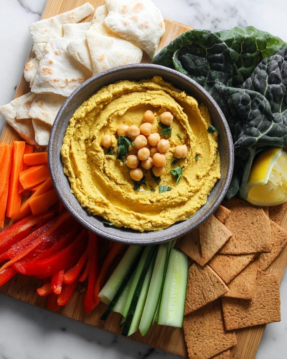 A wooden board holds a round grey bowl in the center filled with smooth yellow hummus topped with whole chickpeas and a sprinkle of herbs. Around the bowl, from top left clockwise, there are soft white pita bread quarters, dark green lettuce leaves, light brown crunchy crackers, bright red sliced bell peppers, light green cucumber spears, and bright orange carrot sticks. Lemon wedges are placed at the top and bottom edges of the board. The background is white marbled texture photo taken with an iphone --ar 4:5 --v 7