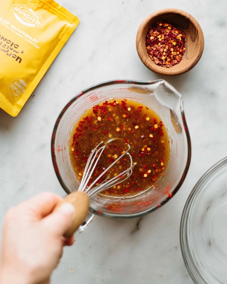 A clear glass measuring cup filled with a brown sauce mixed with red chili flakes is centered on a white marbled surface. A woman's hand is holding a small metal whisk inside the sauce, stirring it. Above the measuring cup, there is a small wooden bowl filled with more red chili flakes. To the left, a yellow packet labeled