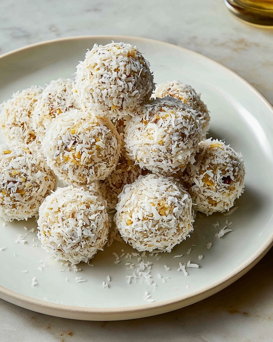 A close-up of a white plate filled with several round balls covered in white shredded coconut, showing a crunchy texture with bits of brown and yellow inside each ball. They are stacked slightly unevenly, creating a small mound, and the plate sits on a white marbled surface with soft natural light. Photo taken with an iphone --ar 4:5 --v 7