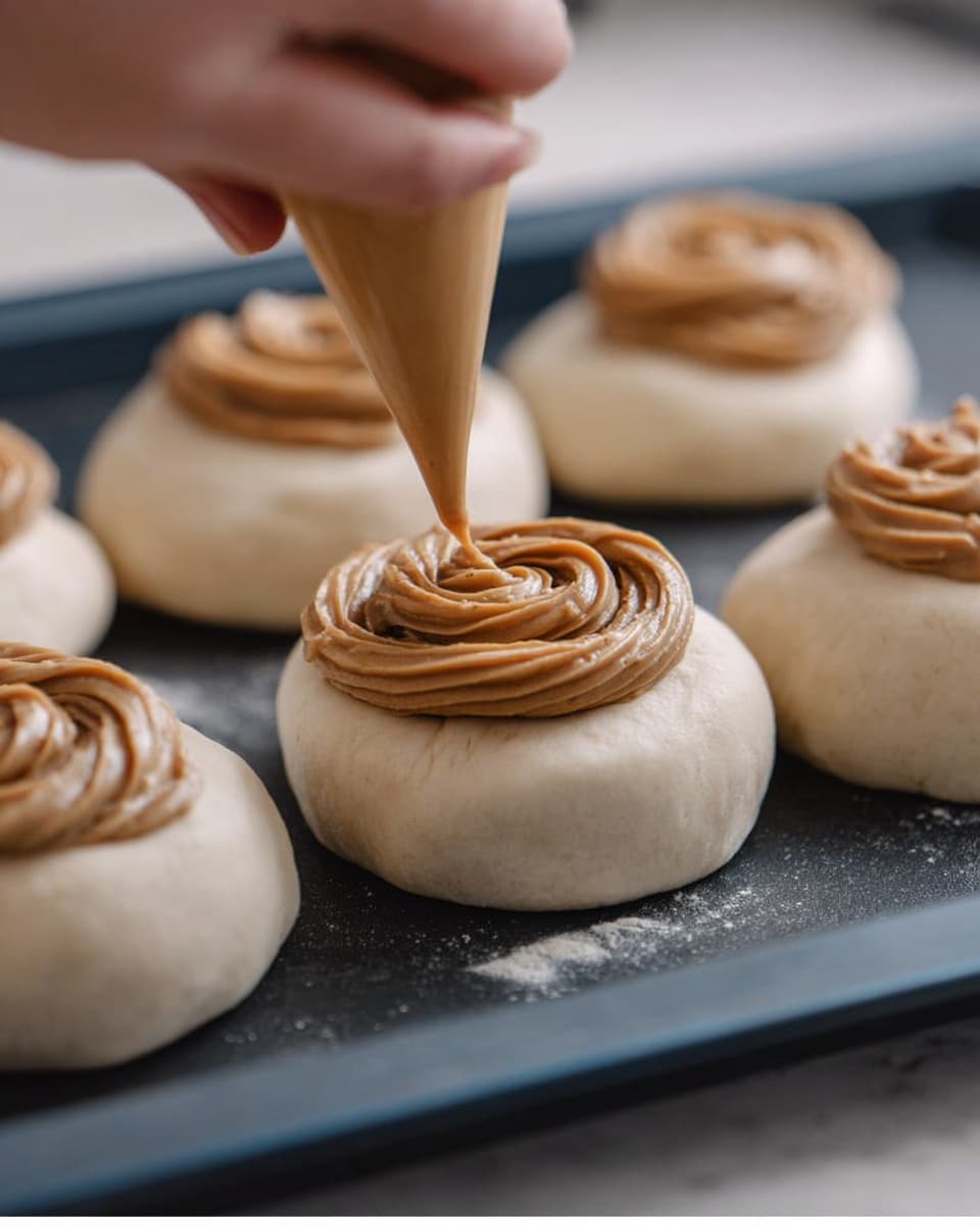 A close-up view of round dough pieces placed on a dark baking tray, each topped with a spiral of thick, light brown paste being squeezed from a piping bag held by a woman's hand above one dough piece in the center. The dough is pale and smooth with a soft texture, while the topping forms neat, swirled layers adding a rich, creamy contrast. The background shows more dough pieces and the white marbled texture around the tray. Photo taken with an iphone --ar 4:5 --v 7