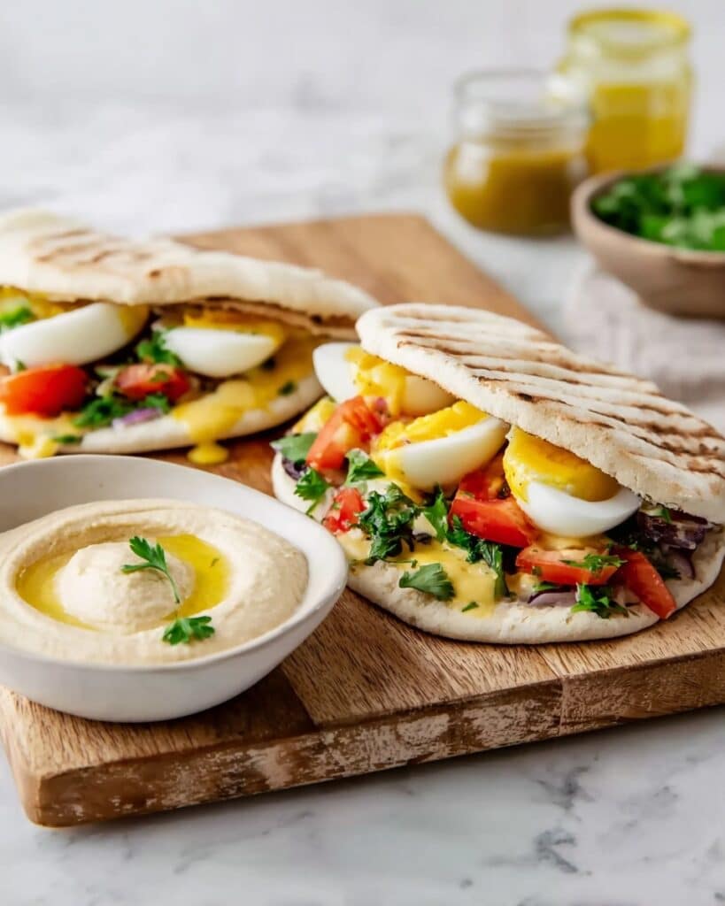 Homemade Sabich Sandwich with Eggplant, Israeli Salad, Tahini Sauce, and Amba Recipe