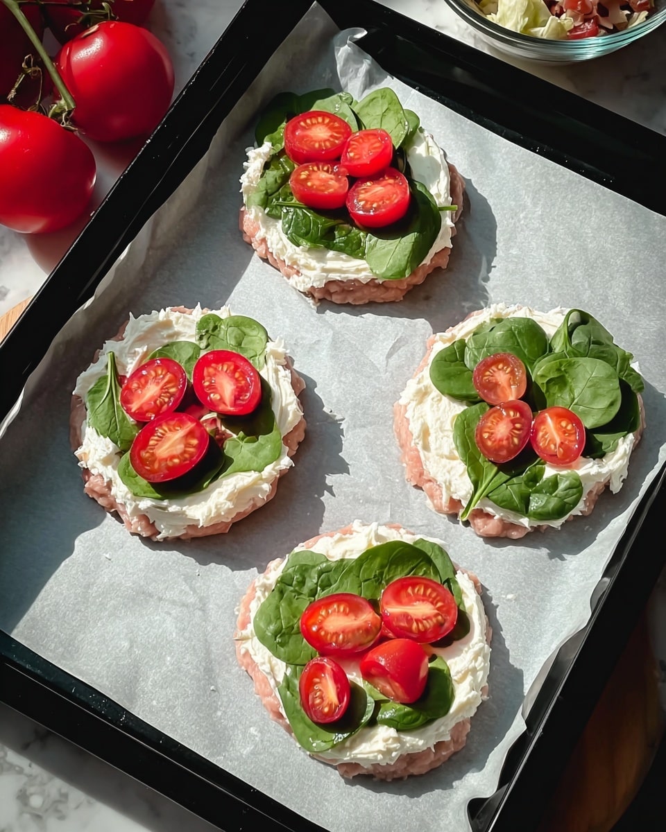 The image shows four small raw chicken patties placed on white parchment paper on a black baking tray. Each patty is flattened into a small round shape and spread with a thick layer of white cream cheese. On top of the cream cheese, there is a layer of fresh green spinach leaves. Two of the patties also have bright red sliced cherry tomatoes with seeds and juicy texture visible. The color contrast between the pink raw chicken, white cheese, green spinach, and red tomatoes is clear. The setting includes a white marbled surface underneath the tray, with two whole tomatoes and a bowl of mixed ingredients visible in the top right corner. Photo taken with an iphone --ar 4:5 --v 7