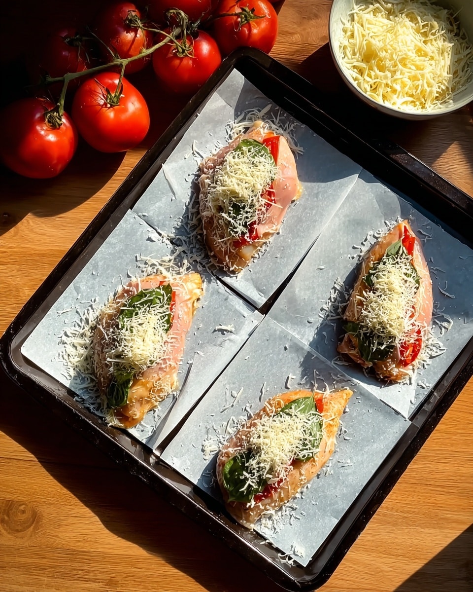 The image shows four folded pieces of raw chicken meat placed on a baking tray lined with white parchment paper divided into four sections. Each piece of chicken has three visible layers: the base layer of pink chicken, a middle layer peeking out with green basil leaves and red tomato slices, and a top layer of shredded white cheese sprinkled with grated white parmesan cheese. The tray is black and positioned on a wooden table with a bunch of ripe red tomatoes on the vine in the top left corner and a white bowl of shredded white cheese in the top right corner. The scene is lit by natural sunlight casting soft shadows. Photo taken with an iphone --ar 4:5 --v 7