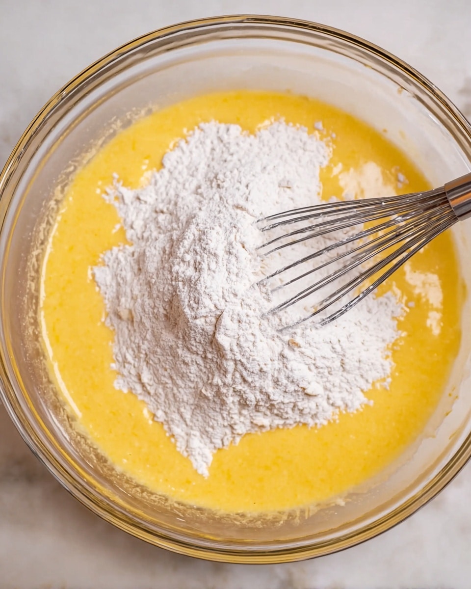 The image shows a clear glass bowl on a white marbled surface filled with a mixture of yellow liquid batter and a mound of white flour on top. A metal whisk is partially submerged in the center, mixing the layers. The batter is smooth and covers the bottom and sides of the bowl, while the flour sits loosely on top, showing texture and some small clumps. The metal whisk has thin wires spreading through the flour and batter, creating soft swirls where they meet. Photo taken with an iphone --ar 4:5 --v 7
