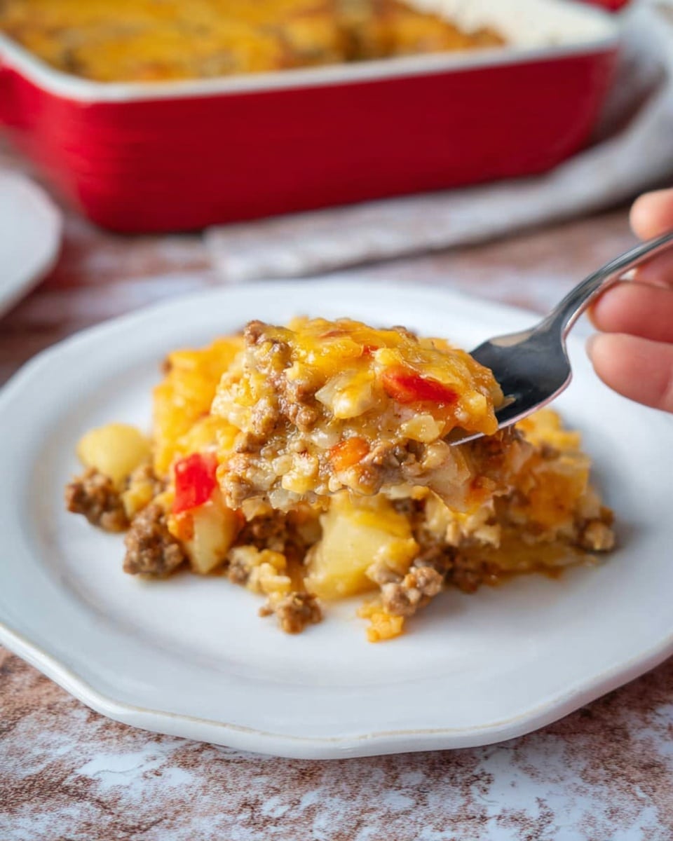 A close-up of a white plate with a serving of cheesy casserole that has visible layers of melted yellow cheese, browned ground meat, and chunks of potato mixed with red bell pepper pieces, showing a soft and slightly creamy texture. A fork held by a woman's hand lifts a bite of the casserole, displaying the layered mixture clearly. In the background, part of another white plate with more casserole is slightly out of focus, with a red baking dish blurred further behind, all sitting on a white marbled texture surface. Photo taken with an iphone --ar 4:5 --v 7