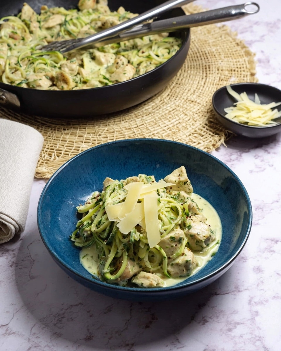 A light green creamy dish with small, pale cubes of chicken and thin green zucchini noodles sits in a deep blue bowl, topped with a few thin, light yellow shavings of cheese. Behind the bowl, there is a black pan filled with the same creamy dish, showing chunks of chicken mixed with green herbs and sauce, with a pair of metal tongs resting inside. To the right of the bowl is a small black bowl holding a few more cheese shavings. Everything is placed on a white marbled surface with a beige woven mat under the black pan, and a rolled white napkin is on the left side near the bowl. Photo taken with an iphone --ar 4:5 --v 7