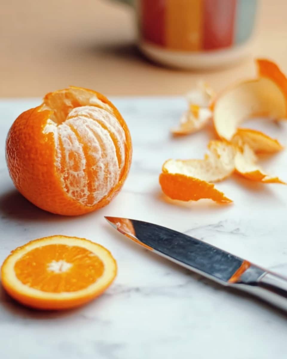 The image shows a partially peeled orange sitting on a white marbled surface next to a silver knife with a shiny blade. Around the orange, there are several orange peel pieces spread out, and one round orange slice lies nearby. The background is softly blurred, with a colorful cup faintly visible. photo taken with an iphone --ar 4:5 --v 7