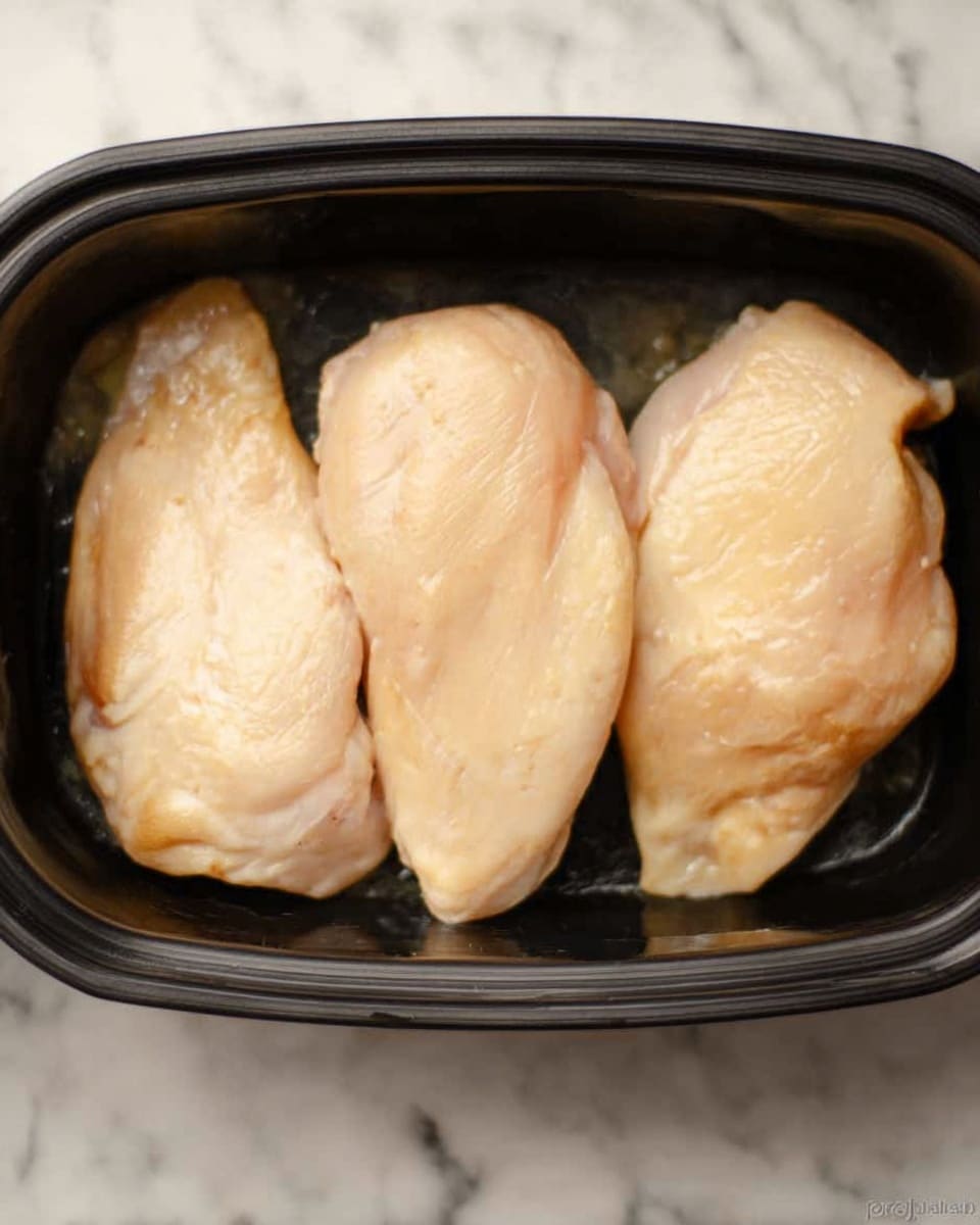 The image shows three cooked chicken pieces placed side by side inside a black rectangular cooking container. The chicken pieces have a pale light brown color with slight variations in shading, indicating they are cooked but not deeply browned. The texture of the chicken looks smooth and moist. The background surface visible around the container is white marbled. There are no additional ingredients or garnishes visible in the container. Photo taken with an iphone --ar 4:5 --v 7