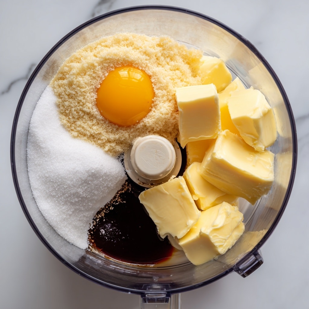 A clear food processor bowl filled with ingredients layered inside it: on the left, a mound of white granulated sugar; in the center bottom, a small dollop of dark brown liquid, likely vanilla extract, slightly spread; on the right side, several large chunks of pale yellow butter; and on the top right, a whole raw egg with a bright yellow yolk and clear white surrounding it. The bowl sits on a white marbled surface, and the view is from above, showing the mixture ready to be blended. photo taken with an iphone --ar 4:5 --v 7