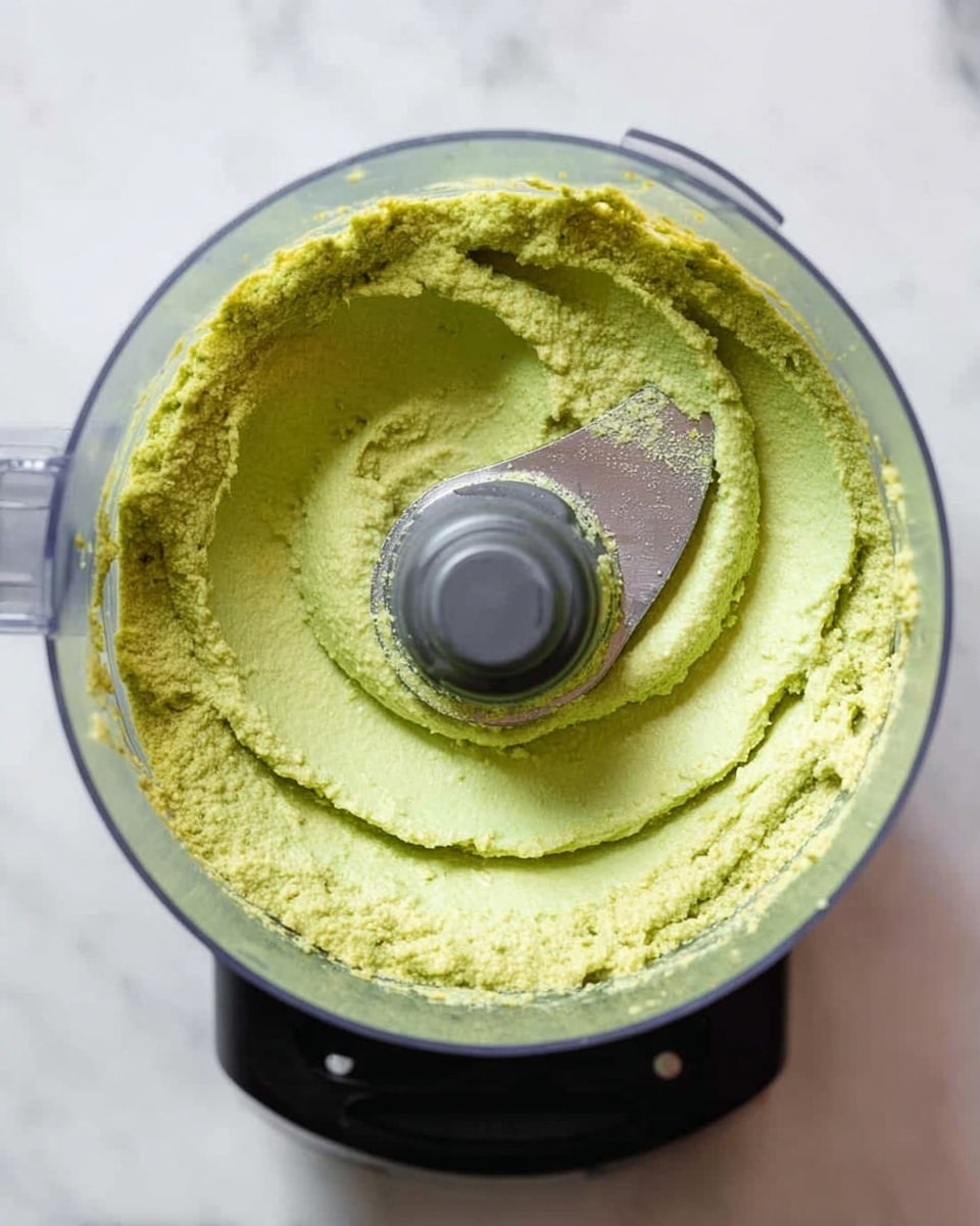 The image shows a clear food processor bowl filled with a smooth, light green paste with a slightly grainy texture. The paste is spread evenly around the blade in the middle, with swirled, soft ridges visible on the surface. The blade is silver and is centered in the bowl, partially covered by the green paste. The food processor base beneath the bowl is black with a slight reflection. The background is a white marbled surface. photo taken with an iphone --ar 4:5 --v 7