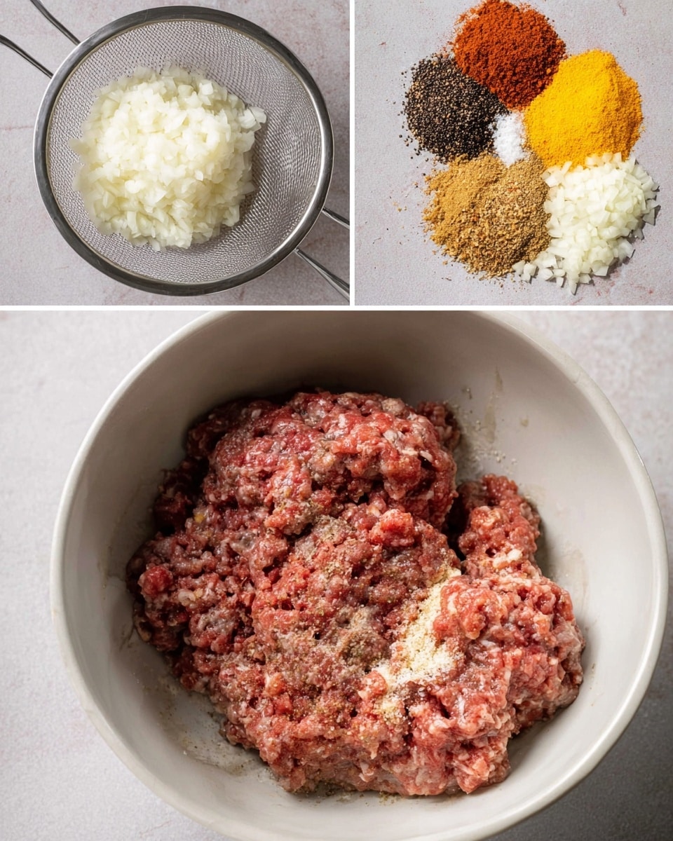 The image shows three steps for making a meat mixture. The first step presents a white marbled textured close-up of finely grated white onions in a metal mesh strainer. The second step displays ground red meat in a white bowl, topped with layered spices including dark brown, yellow, reddish-orange, black, and white powders, along with some grated onion on the right side. The third step features the combined mixture, with a rough and textured surface in shades of brown and pink, filling most of a white bowl. photo taken with an iphone --ar 4:5 --v 7
