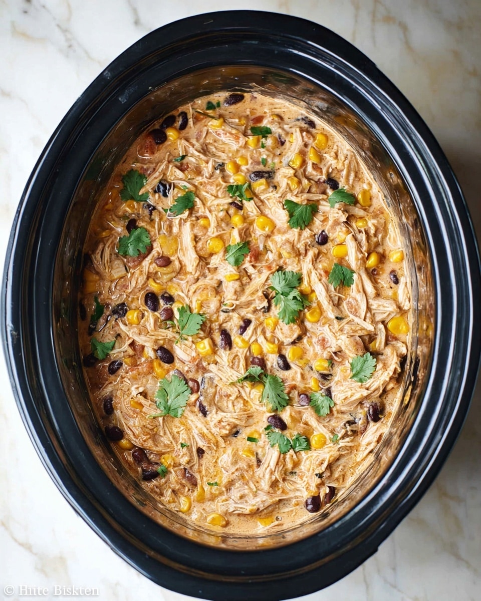 A slow cooker filled with a creamy mixture that has shredded light brown chicken, yellow corn kernels, and small black beans mixed evenly. There are green cilantro leaves sprinkled on top for color contrast. The inside of the slow cooker is black, and the slow cooker sits on a white marbled surface. photo taken with an iphone --ar 4:5 --v 7
