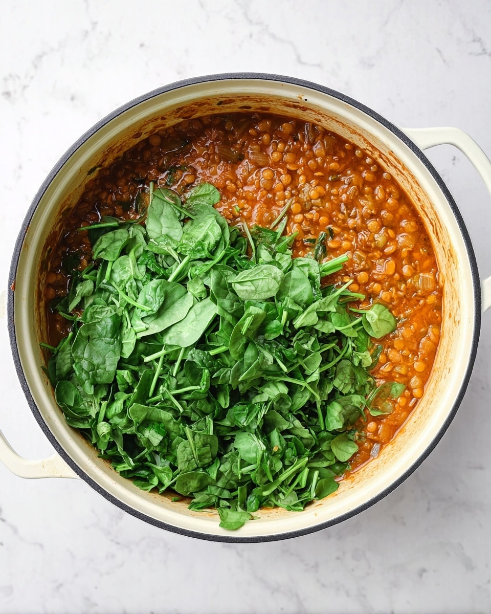 A large white pot with a dark rim is filled halfway with thick orange-brown stew that has visible lentils and small vegetable pieces; on top, there is a large pile of fresh, bright green chopped spinach covering almost half of the stew, adding a fresh leafy texture. The pot is placed on a white marbled surface. photo taken with an iphone --ar 4:5 --v 7