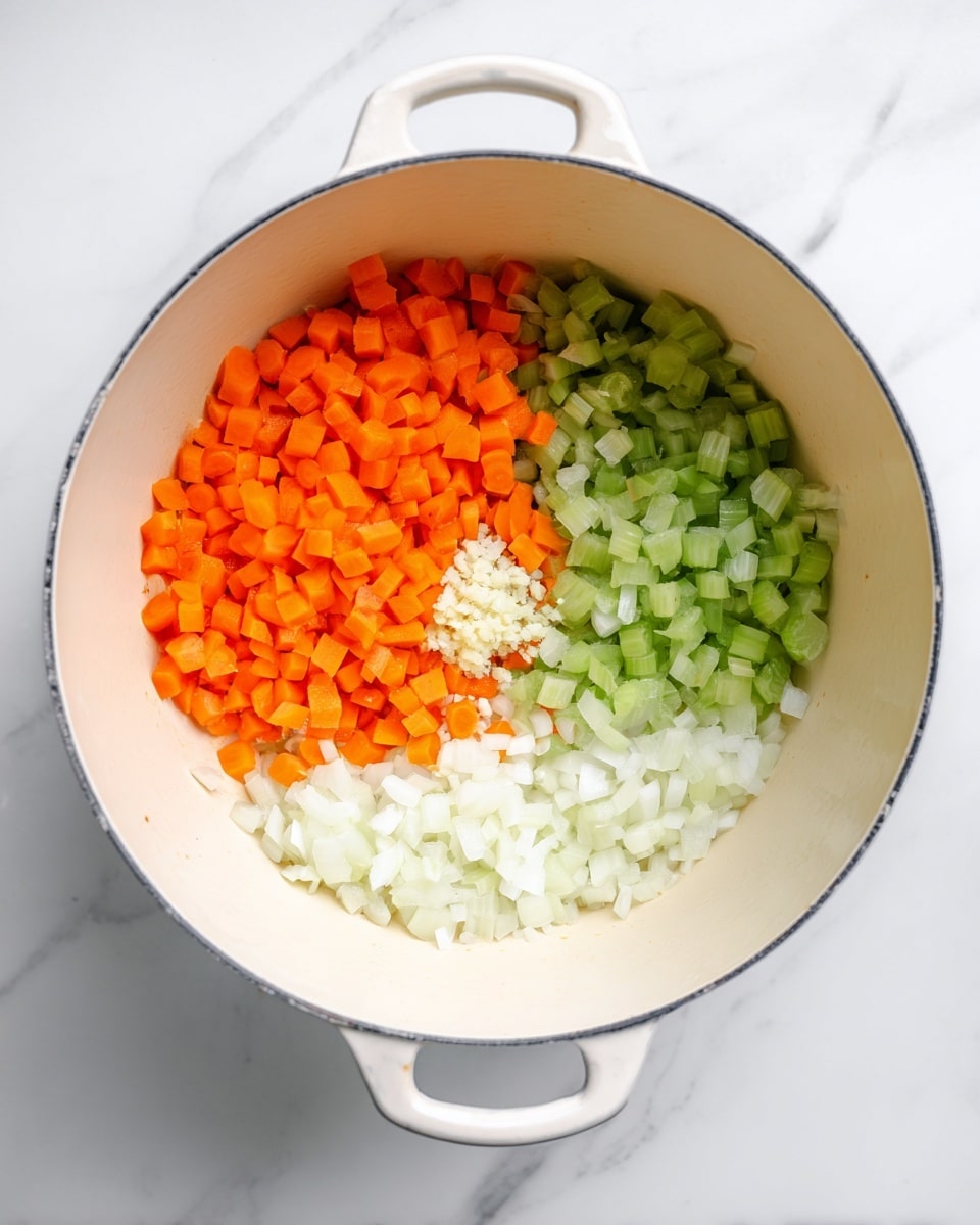 A large white pot sits on a white marbled surface, filled with four layers of diced vegetables divided distinctly: bright orange carrot cubes gather at the top right, light green celery pieces are in the top left, finely chopped white onion forms the bottom middle, and a small pile of minced garlic rests near the center, slightly right. The colors contrast sharply against the cream-colored inside of the pot, creating a vivid and fresh look. The pot's handles are visible on both sides. photo taken with an iphone --ar 4:5 --v 7