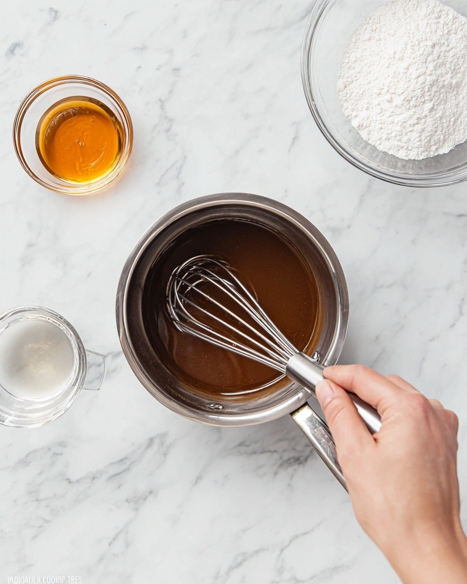 A woman's hand is pouring a small clear liquid from a small glass cup into a silver saucepan containing a smooth, dark brown liquid being whisked with a silver whisk. To the upper left of the saucepan, there is a small clear bowl with amber liquid, and to the upper right, a larger clear bowl filled with white powder, all placed on a white marbled surface. photo taken with an iphone --ar 4:5 --v 7