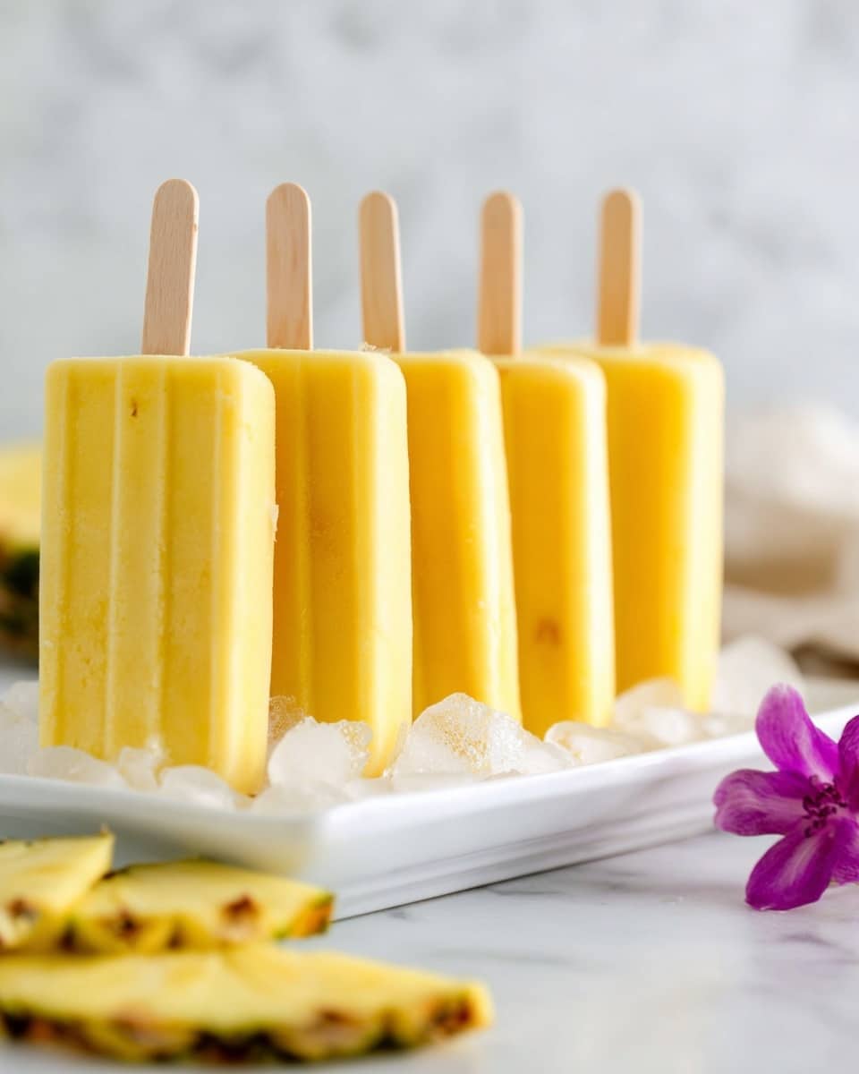 The image shows six yellow popsicles standing upright on a white rectangular plate filled with crushed ice. Each popsicle has a wooden stick and smooth texture, evenly spaced in a row. In the foreground, out of focus, there are a few pieces of pineapple with a light yellow color and rough brown edges. In the background, a purple flower adds a small colorful touch against the white marbled surface. The overall scene is brightly lit with soft natural light. photo taken with an iphone --ar 4:5 --v 7