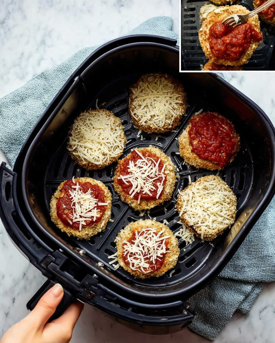 The images show four steps of preparing eggplant slices. In the first photo, several round eggplant slices with pale white centers and dark purple edges lie flat on a baking tray lined with white paper towels on a white marbled surface; a woman's hand sprinkles salt from a small wooden bowl over them. In the second photo, the same woman’s hand presses a paper towel on top of the eggplants on the tray to absorb moisture. The third photo shows the woman’s hand dipping an eggplant slice into a bright yellow egg wash held in a white bowl on the white marbled surface, while a baking tray holds some eggplants coated with light yellow breadcrumbs. In the fourth photo, the woman’s hand coats an eggplant slice with light yellow breadcrumbs in a white bowl next to the white bowl with egg wash, both on the white marbled surface. Photo taken with an iphone --ar 4:5 --v 7