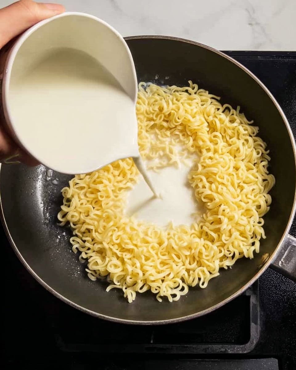 A black frying pan sits on a black stove with a white marbled surface below. Inside the pan is a layer of yellow curly cooked pasta. A white creamy liquid is being poured over the pasta from a white cup held by a woman's hand coming from the top left corner. The sauce pools around the bottom edges of the pasta, creating a smooth, rich texture contrast between the sauce and the pasta's curly shape. Photo taken with an iphone --ar 4:5 --v 7