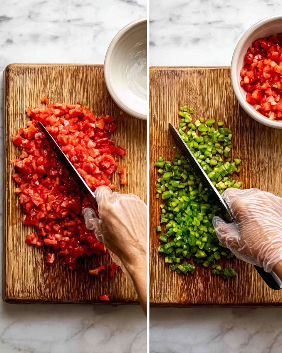 The image shows two side-by-side parts with wooden cutting boards on a white marbled surface. On the left, a woman's hand holds a knife, chopping a pile of finely diced red tomatoes with juicy texture, spread across the cutting board. Above the cutting board, there is a white bowl with some tomato pieces inside. On the right side, a woman's hand with a clear plastic glove holds a knife chopping small bright green pieces of chopped green peppers, also on a wooden cutting board. Above this board is a white bowl with finely chopped red tomatoes visible at the edge. photo taken with an iphone --ar 4:5 --v 7