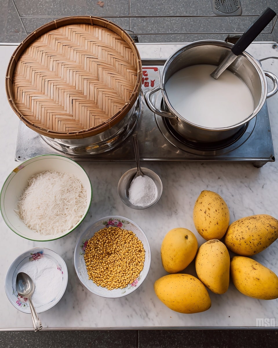 The image shows a cooking setup with several ingredients and tools arranged on a white marbled counter. On the left, a silver pot with a woven bamboo basket on top sits on a stove. Next to it, a white bowl with a green rim is filled with white rice. To the right, there is a metal pot containing white coconut milk with a black spoon inside. In front of it, a small white dish holds yellow split mung beans, and beside that, another small white bowl contains salt. A bigger white bowl with a silver spoon is next, and near it, a floral patterned bowl is filled with white sugar. Lastly, five yellow mangoes with spots are placed in a group on the far right. The photo was taken with an iphone --ar 4:5 --v 7