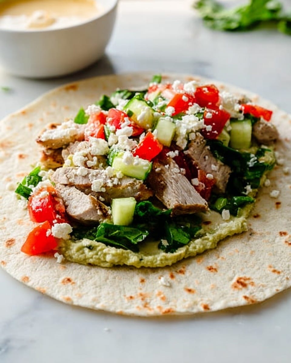 A flat white tortilla is laid on a white marbled surface, topped with three main layers: the bottom layer has a light green creamy spread; above this are several slices of cooked, light brown meat pieces; on top is a colorful mix of chopped bright red tomatoes and green leafy herbs with small cubes of pale green cucumber, all sprinkled with white crumbled cheese. The edges of the tortilla have some light brown spots. In the background, there is a white bowl with a creamy light beige sauce, and the scene is softly lit, showing a fresh and tasty meal photo taken with an iphone --ar 4:5 --v 7