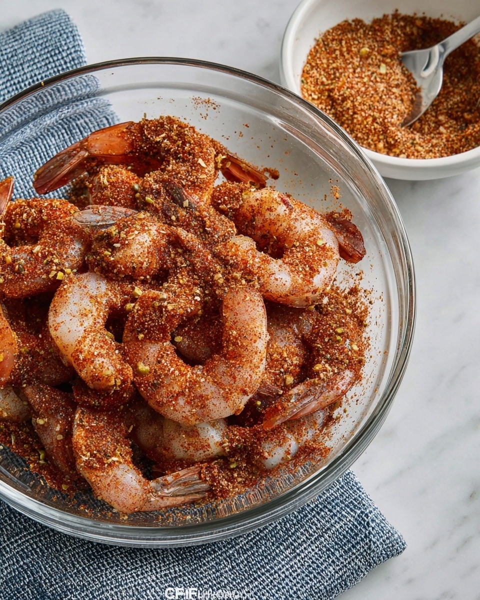 A clear glass bowl filled with raw shrimp, each shrimp covered with a reddish-brown spice mix with visible flakes of herbs and pepper. The shrimp layer is thick, showing the raw texture with curved tails partially visible under the seasoning. In the top right corner, a small white bowl contains the same spice mix, with a spoon resting inside. The background is a white marbled surface, and under the glass bowl, there is a folded blue cloth with a woven texture. photo taken with an iphone --ar 4:5 --v 7