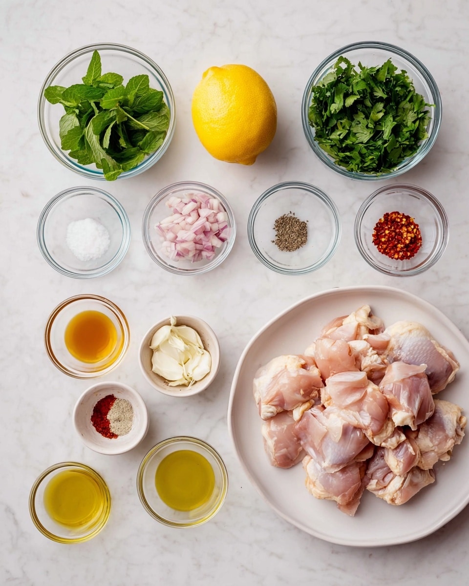 The image shows a white plate on the right filled with several pieces of raw chicken with a light pink and pale yellow color. To the left of the plate, there are nine small clear glass bowls arranged neatly on a white marbled surface. From top to bottom, the first bowl contains flat green parsley leaves, the second has darker green mint leaves, and the third holds finely chopped light pink shallots. Next, there is a whole yellow lemon. Moving down, a small bowl contains white salt, while two more small bowls hold red chili flakes and ground black pepper. At the bottom left, a small bowl has yellow olive oil, next to it is a small bowl with reddish-brown liquid, and lastly, a bowl with minced white garlic. The whole setting is on a white marbled background, neat and bright. photo taken with an iphone --ar 4:5 --v 7
