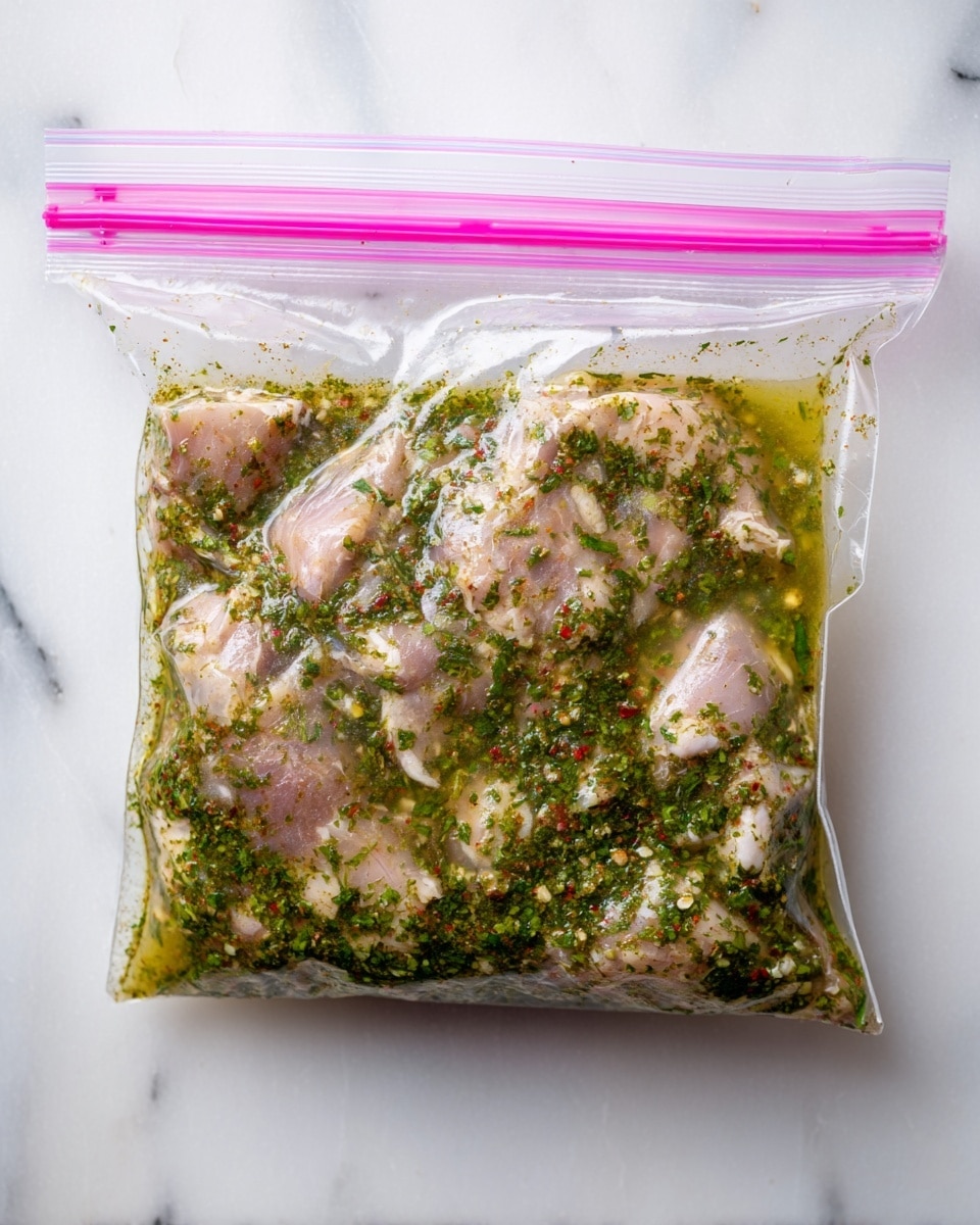 A clear plastic resealable bag is filled with several raw pieces of meat submerged in a green herb marinade. The marinade has finely chopped herbs with small bits of red pepper flakes visible throughout. The meat pieces are pale pink with some white fat and are spread evenly inside the bag. The bag is sealed with a pink zip lock strip at the top and lies flat on a white marbled surface. photo taken with an iphone --ar 4:5 --v 7