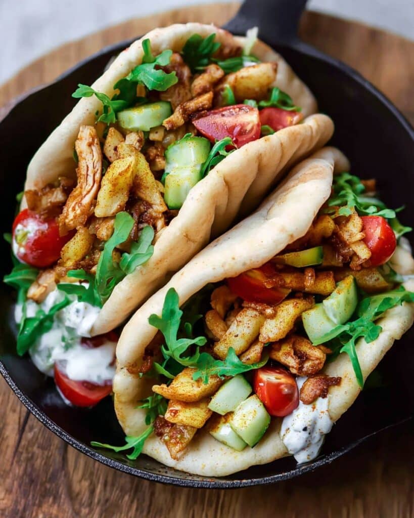 Roasted Chicken Shawarma Pita with Tahini or Tzatziki and Mediterranean Salad Recipe