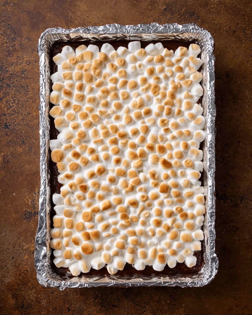 A rectangular baking tray lined with shiny foil holds a dessert covered in two layers: the bottom layer is dark brown, smooth, and thick, likely a chocolate base, while the top layer consists of many small, round, white marshmallows toasted to a light golden brown with some darker spots scattered evenly. The marshmallows are packed close together, creating a textured, bubbly surface. The tray sits on a worn brown surface. photo taken with an iphone --ar 4:5 --v 7