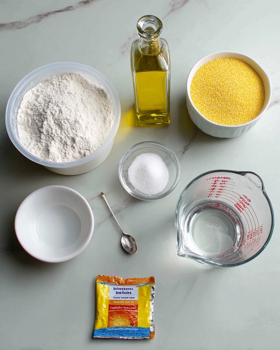 The image shows various baking ingredients arranged on a white marbled surface. On the left, there is a large container of white flour, next to a white bowl filled with yellow cornmeal. Moving right, there is a small white bowl with white salt, a clear bottle of yellow oil standing upright, and a small glass bowl with white sugar and a silver spoon inside. Finally, on the right side, there is a clear glass measuring cup containing water with red measurement markings. In front of the ingredients, there is a small sealed packet of instant yeast with yellow and orange colors on it. The items are spaced neatly and evenly across the surface. Photo taken with an iphone --ar 4:5 --v 7