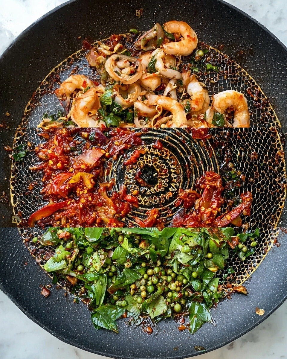 The image shows three layers of cooking in a black pan with a diamond pattern center on a white marbled surface. The first layer has small pieces of bright orange-red cooked chili and garlic spread unevenly in the middle of the pan with oil droplets around. The second layer adds whole shrimps and squid rings scattered over the chili base, showing a mix of light brown and pinkish tones on the shrimp shells and pale squid. The third layer adds fresh green leaves and green peppercorn clusters spread on top of the seafood, with the bright green contrasting against the reddish-brown cooked mix below. The pan’s black and gold diamond pattern is seen in the middle throughout all layers. photo taken with an iphone --ar 4:5 --v 7