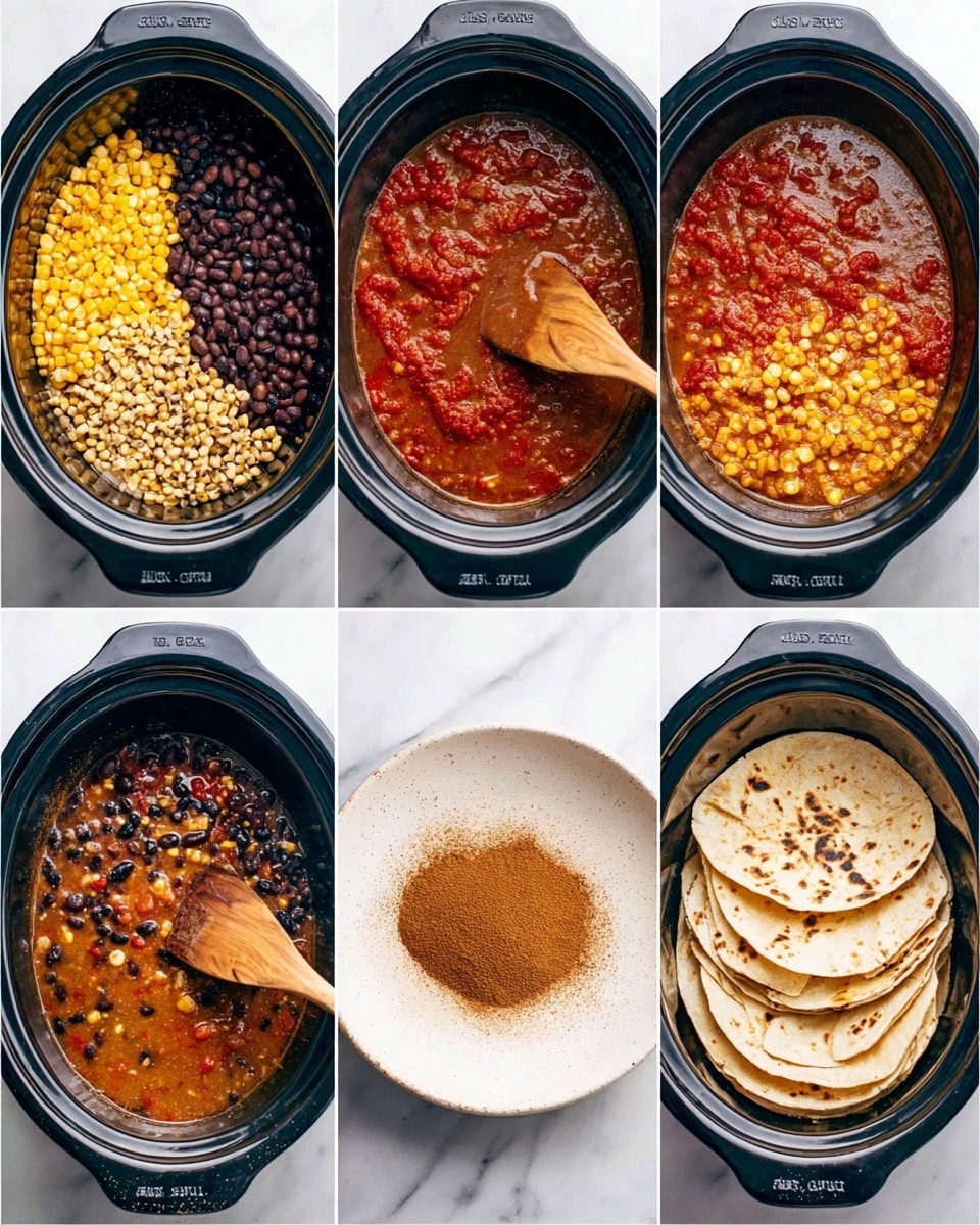A black slow cooker is shown in five stages with a wooden spoon stirring in the last four. The first layer is dry quinoa, yellow corn kernels, black beans, and chunky red tomatoes in separate sections. Next, a clear brown broth or stock and red enchilada sauce are added, partially covering the dry ingredients. Then, a pile of brown taco seasoning powder is placed on top. The wooden spoon stirs the mix, combining all ingredients into a thick, wet mixture showing red, yellow, black, and brown colors swirled together. In the final image, golden toasted tortillas with brown char marks are stacked on a white plate over a white marbled background. Photo taken with an iphone --ar 4:5 --v 7