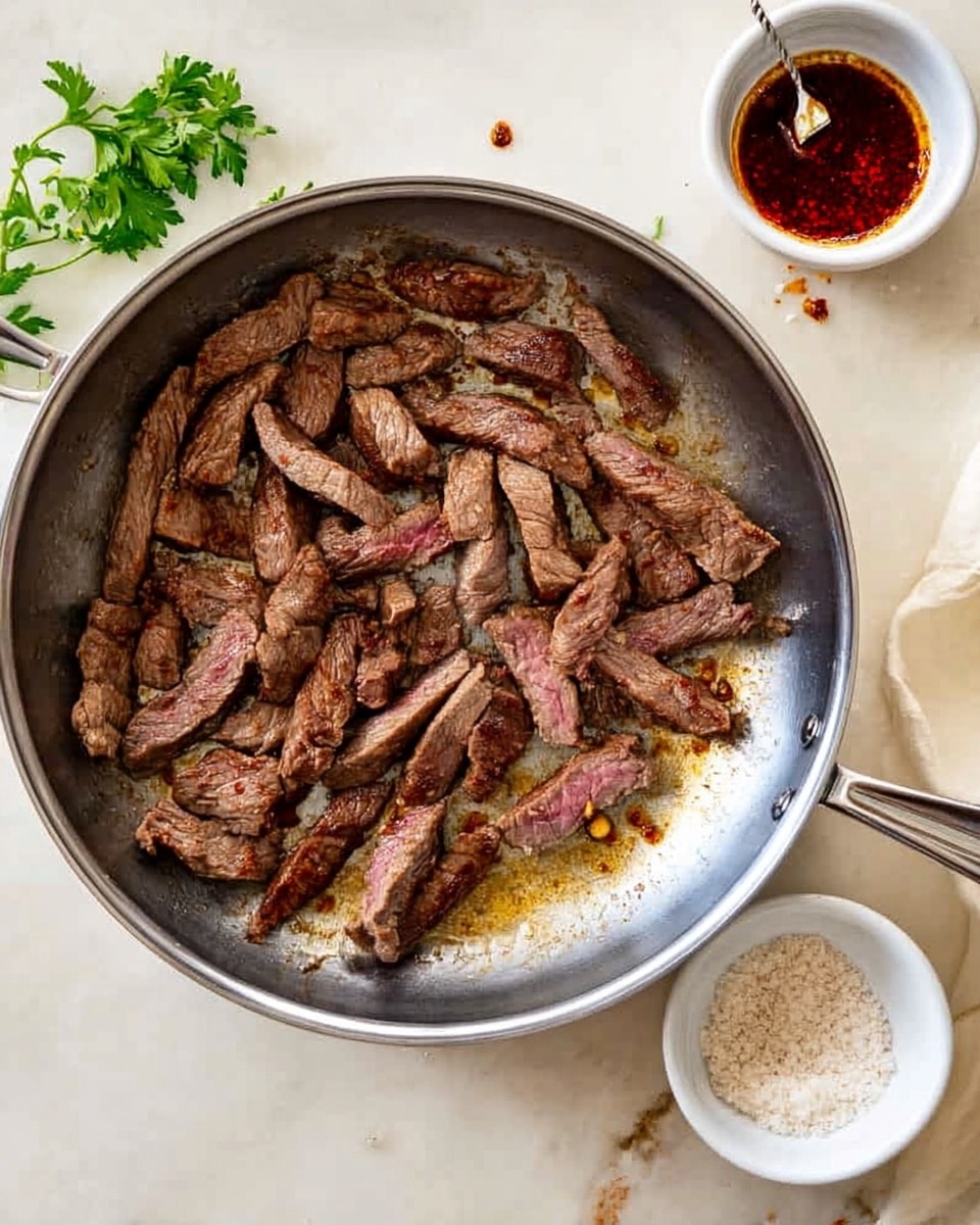 A silver skillet filled with many small strips of lightly cooked beef that are brown with some pink inside, lying unevenly across the pan's light golden surface with some browned bits. To the right of the skillet, there are two small white bowls, one with a dark red sauce with flakes and the other with coarse white salt and a small metal spoon in it. The skillet and bowls sit on a white marbled surface, with a small green parsley sprig seen on the left edge. photo taken with an iphone --ar 4:5 --v 7