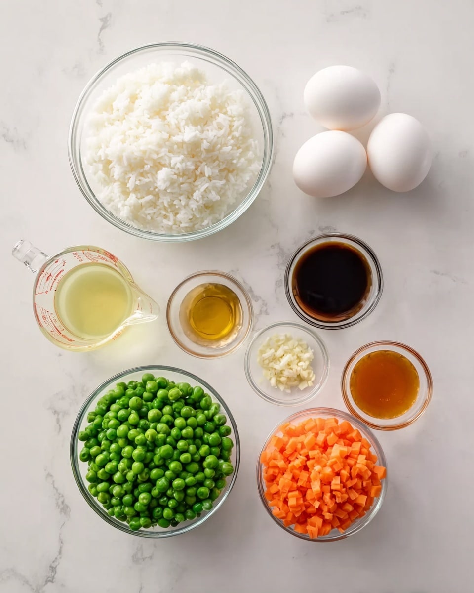 The image shows eight small clear glass bowls and a clear measuring cup neatly arranged on a white marbled surface. The largest bowl is filled with white cooked rice, showing a soft and fluffy texture. To the right of it sits a smaller bowl with bright orange, evenly chopped carrots. Above the carrots is a bowl filled with vibrant green peas. Nearby, there is a bowl containing two whole white eggs, smooth and clean. There are also three smaller bowls holding different liquids and minced garlic: a pale yellow oil in the measuring cup, a dark brown soy sauce, a golden honey-like liquid, and tiny minced pieces of garlic in a small bowl. The overall look is clean, organized, and bright. photo taken with an iphone --ar 4:5 --v 7