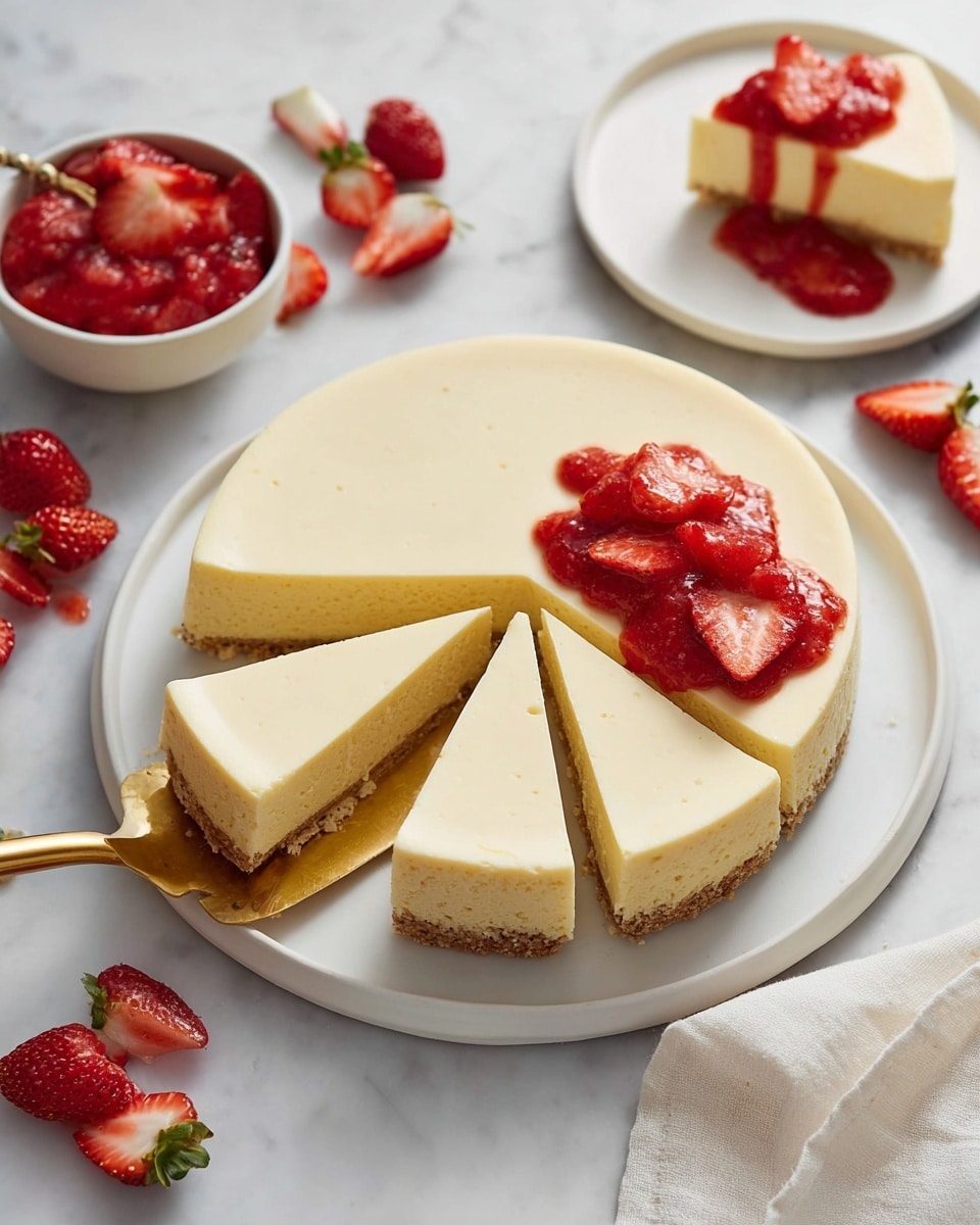 A slice of cheesecake with three main layers is shown on a white plate with a textured edge. The bottom layer is a brown, crumbly crust. The middle layer is thick and creamy off-white cheesecake. The top layer has bright red strawberries coated in shiny red strawberry sauce that drips down the cheesecake sides. A small swirl of white whipped cream sits on top of the strawberries. Some sliced strawberries and red sauce spread around the slice on the plate. A fork rests on the plate with a small piece of cheesecake on it. The background is a white marbled surface with a blurry second piece of cheesecake in the background. Photo taken with an iphone --ar 4:5 --v 7
