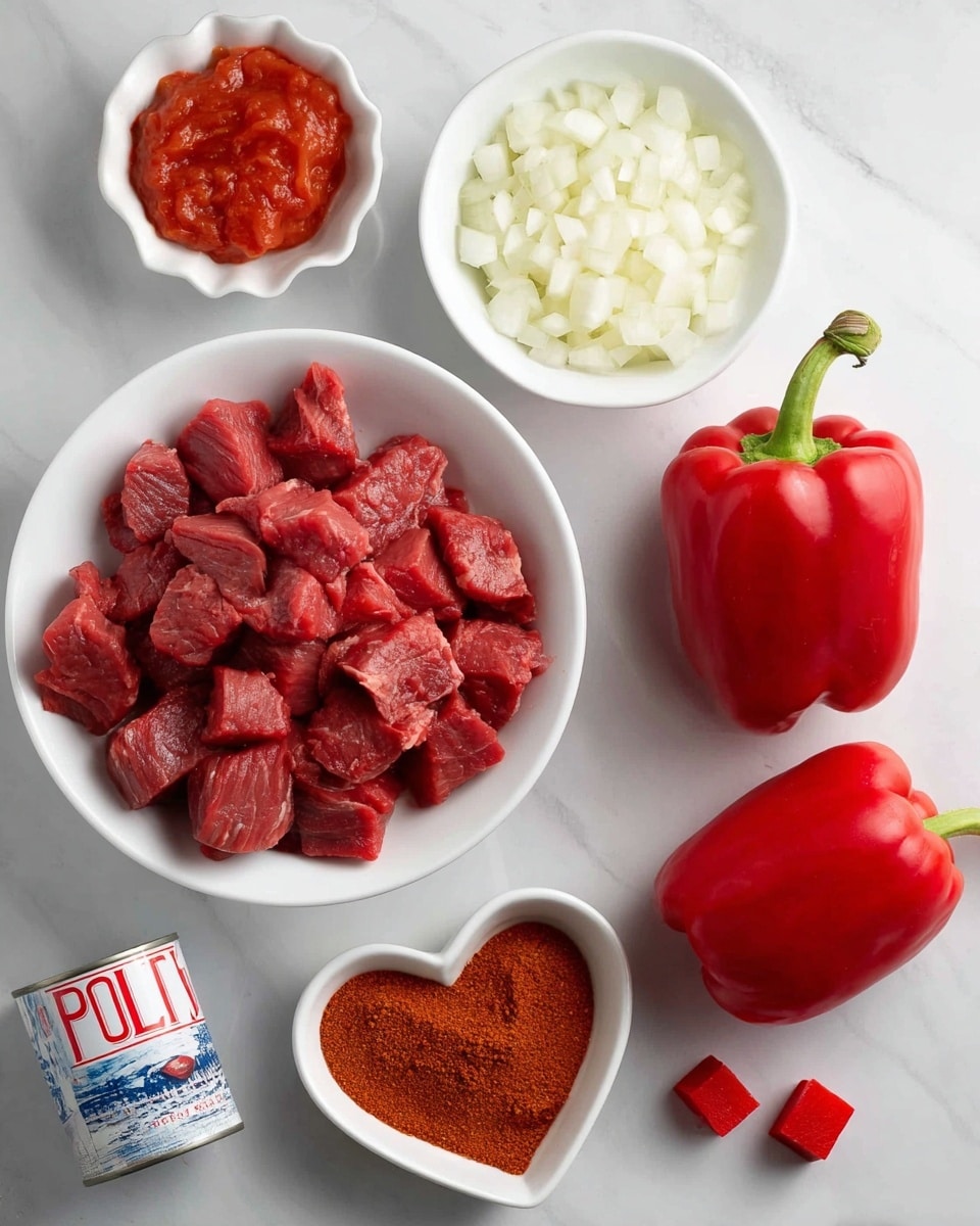 The image shows various cooking ingredients placed on a white marbled surface. There is one medium white bowl filled with red raw meat pieces in the top left, and another smaller white bowl with finely chopped white onions above it. To the right, there are two whole red bell peppers with green stems. Below them, there is a white heart-shaped dish filled with reddish-brown powder and a small white bowl with a red paste. At the bottom left corner, there is a can with a red, white, and blue label containing finely chopped tomatoes. Lastly, three small red cubes, likely seasoning or broth, are placed near the bottom center of the image. Photo taken with an iphone --ar 4:5 --v 7