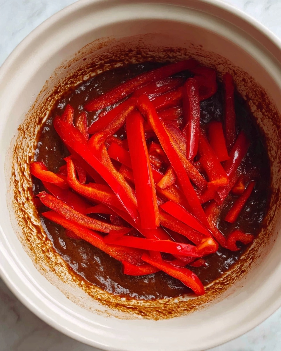 The image shows a white pot filled with a thick, dark brown sauce at the bottom layer. On top of the sauce, there are many long, thin red bell pepper strips scattered evenly, showing their bright and shiny red skin and moist texture. The white pot has some sauce stains on the sides near the rim. The background has a white marbled texture. photo taken with an iphone --ar 4:5 --v 7