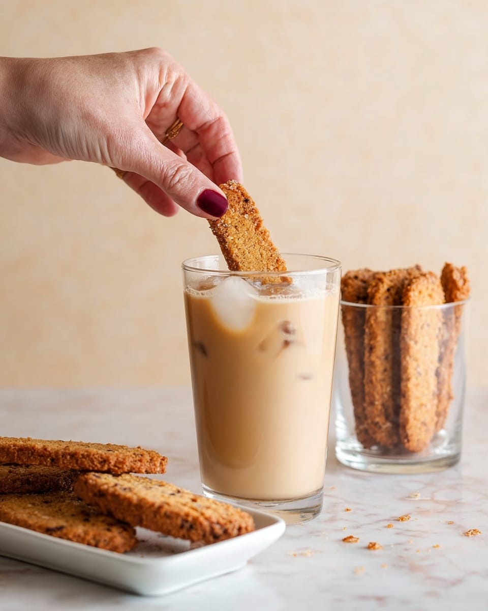 A woman's hand with dark red nail polish is dipping a long, thin, golden-brown cookie with a rough, crumbly texture into a tall clear glass filled with light beige iced coffee that has small ice cubes floating near the top. In front, a white rectangular plate holds more of the same cookies, lying flat and showing a similar rough and crunchy surface with small dark bits inside. To the right, another clear glass contains more cookies standing upright. The setting is on a white marbled surface with a soft beige background. photo taken with an iphone --ar 4:5 --v 7