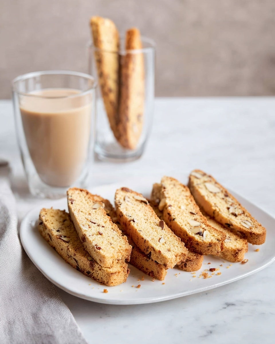 The image shows seven long, golden-brown biscotti sticks arranged in a line on a white rectangular plate. The biscotti have a crunchy texture with visible pieces of nuts and chocolate chips inside. To the right, a white woman’s hand is holding a cookie near a clear glass cup that also holds a cookie on its side. Another glass with light brown coffee or latte is partially visible at the top-right corner. The plate sits on a white marbled surface with a light gray cloth draped casually below the plate. photo taken with an iphone --ar 4:5 --v 7