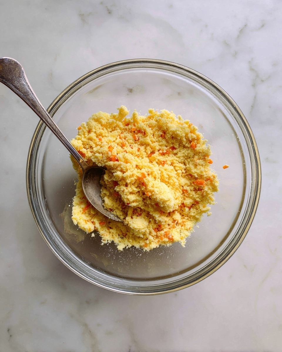 A clear glass bowl sits on a white marbled surface filled with a single layer of a crumbly, yellow mixture with small orange bits scattered throughout. A silver spoon rests inside the bowl, partially buried in the mixture on the left side. The texture looks soft and slightly uneven, with a mound shape rising in the middle. Photo taken with an iphone --ar 4:5 --v 7