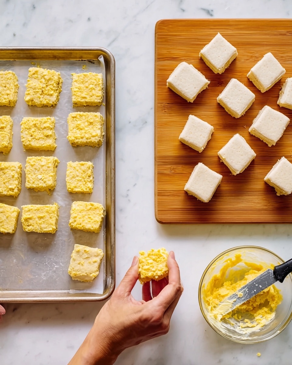 The image shows a baking scene with a white marbled surface. On the left, a metal tray holds four rows of small square pieces coated with a yellow textured mixture. To the upper right, a wooden board contains multiple plain white square bread pieces arranged neatly. In the bottom right corner, a woman's hand holds one bread square while spreading the yellow mixture on top with a butter knife. Next to the hand is a clear glass bowl with more of the yellow mixture inside. The colors are mainly yellow, white, and light brown tones. photo taken with an iphone --ar 4:5 --v 7