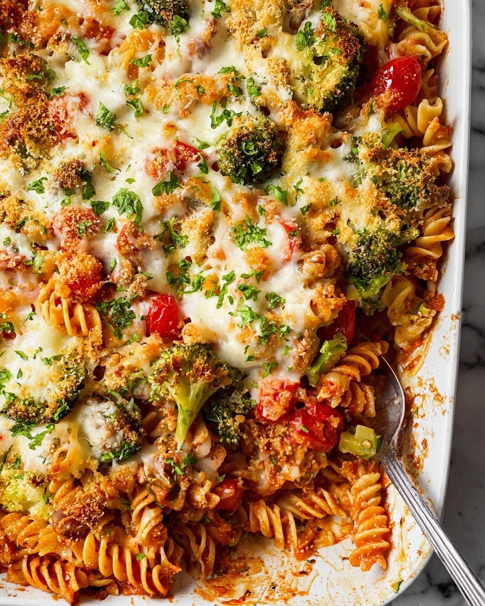 The image shows a baked pasta dish with four main layers, starting at the bottom with orange-red rotini pasta mixed with tomato sauce and chunks of cooked vegetables and meat. The next layer features bright green broccoli pieces and halved red cherry tomatoes scattered evenly among the pasta. On top of this, there is a thick layer of melted cheese, creamy white with golden brown spots from baking, covering most of the dish and bubbling in parts. Fresh green chopped herbs are sprinkled all over the cheese layer, adding a fresh touch. The dish is in a white baking pan placed on a white marbled surface with a silver serving spoon partly slicing through the pasta. Photo taken with an iphone --ar 4:5 --v 7